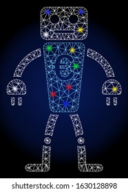Flare mesh euro robot with glare effect. Abstract illuminated model of euro robot. Shiny wire carcass polygonal network euro robot icon. Vector abstraction on a dark blue gradient background.