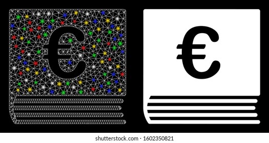 Flare mesh Euro sales book icon with sparkle effect. Abstract illuminated model of Euro sales book. Shiny wire frame triangular mesh Euro sales book icon. Vector abstraction on a black background.