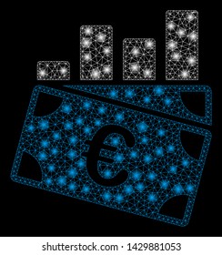 Flare mesh Euro sales chart with glare effect. Abstract illuminated model of Euro sales chart icon. Shiny wire frame triangular mesh Euro sales chart. Vector abstraction on a black background.