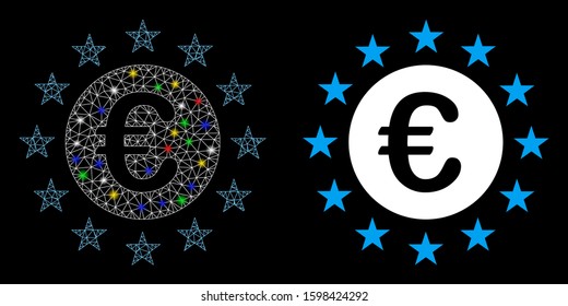 Flare mesh Euro union stars icon with glare effect. Abstract illuminated model of Euro union stars. Shiny wire frame triangular mesh Euro union stars icon. Vector abstraction on a black background.