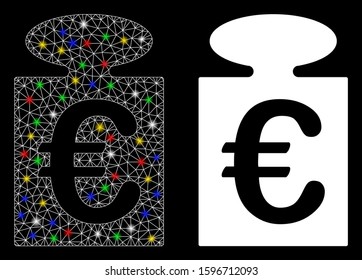 Flare mesh Euro weight icon with glow effect. Abstract illuminated model of Euro weight. Shiny wire carcass triangular mesh Euro weight icon. Vector abstraction on a black background.