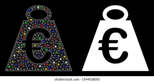 Flare mesh Euro weight standard icon with glare effect. Abstract illuminated model of Euro weight standard. Shiny wire frame triangular network Euro weight standard icon.
