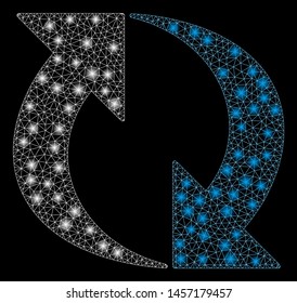 Flare mesh exchange with lightspot effect. Abstract illuminated model of exchange icon. Shiny wire carcass triangular mesh exchange. Vector abstraction on a black background.