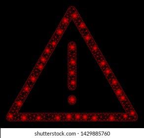 Flare mesh exclamation with glow effect. Abstract illuminated model of exclamation icon. Shiny wire carcass polygonal mesh exclamation. Vector abstraction on a black background.