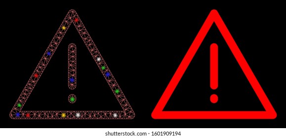 Flare mesh exclamation icon with sparkle effect. Abstract illuminated model of exclamation. Shiny wire carcass triangular mesh exclamation icon. Vector abstraction on a black background.