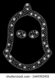 Flare mesh executioner helmet with glare effect. Abstract illuminated model of executioner helmet icon. Shiny wire carcass polygonal mesh executioner helmet. Vector abstraction on a black background.