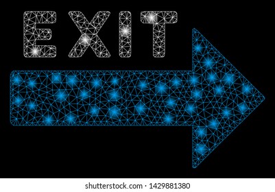Flare mesh exit arrow with glow effect. Abstract illuminated model of exit arrow icon. Shiny wire frame polygonal network exit arrow. Vector abstraction on a black background.