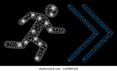 Flare mesh exit direction with glow effect. Abstract illuminated model of exit direction icon. Shiny wire carcass polygonal mesh exit direction. Vector abstraction on a black background.