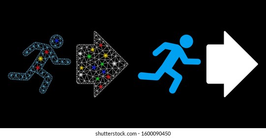 Flare mesh exit direction icon with glitter effect. Abstract illuminated model of exit direction. Shiny wire frame polygonal network exit direction icon. Vector abstraction on a black background.