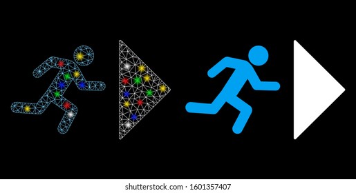 Flare mesh exit direction icon with glare effect. Abstract illuminated model of exit direction. Shiny wire frame polygonal mesh exit direction icon. Vector abstraction on a black background.