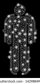 Flare mesh exoskeleton with sparkle effect. Abstract illuminated model of exoskeleton icon. Shiny wire frame polygonal mesh exoskeleton. Vector abstraction on a black background.