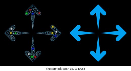 Flare mesh expand arrows icon with sparkle effect. Abstract illuminated model of expand arrows. Shiny wire carcass triangular mesh expand arrows icon. Vector abstraction on a black background.
