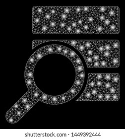 Flare mesh explore database with glitter effect. Abstract illuminated model of explore database icon. Shiny wire carcass triangular mesh explore database. Vector abstraction on a black background.