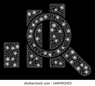 Flare mesh explore graphics with lightspot effect. Abstract illuminated model of explore graphics icon. Shiny wire frame polygonal network explore graphics. Vector abstraction on a black background.