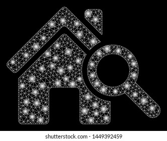 Flare mesh explore house with sparkle effect. Abstract illuminated model of explore house icon. Shiny wire frame polygonal mesh explore house. Vector abstraction on a black background.