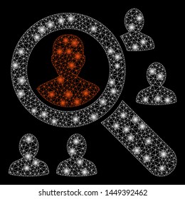 Flare mesh explore patients with sparkle effect. Abstract illuminated model of explore patients icon. Shiny wire carcass polygonal network explore patients. Vector abstraction on a black background.