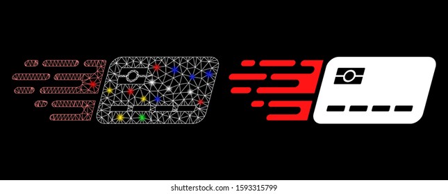 Flare mesh express banking card icon with lightspot effect. Abstract illuminated model of express banking card. Shiny wire carcass polygonal mesh express banking card icon.