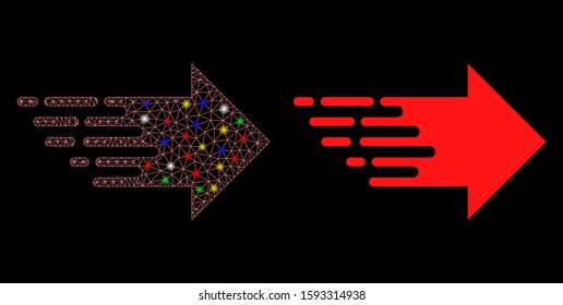 Flare mesh express right movement icon with glitter effect. Abstract illuminated model of express right movement. Shiny wire carcass triangular mesh express right movement icon.