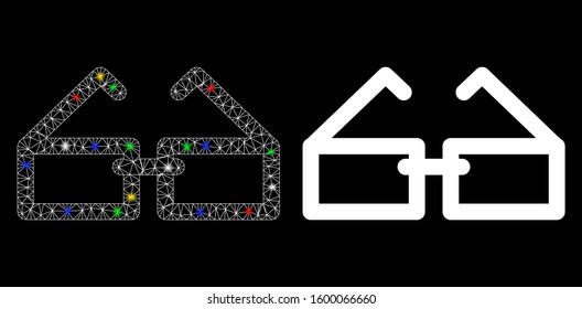 Flare mesh eyeglasses icon with lightspot effect. Abstract illuminated model of eyeglasses. Shiny wire frame triangular mesh eyeglasses icon. Vector abstraction on a black background.