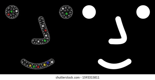 Flare mesh face icon with glitter effect. Abstract illuminated model of face. Shiny wire frame triangular mesh face icon. Vector abstraction on a black background.