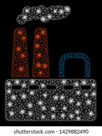 Flare mesh factory with glare effect. Abstract illuminated model of factory icon. Shiny wire frame polygonal mesh factory. Vector abstraction on a black background.