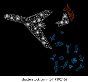 Flare mesh falling passengers from airplane with glitter effect. Abstract illuminated model of falling passengers from airplane icon.