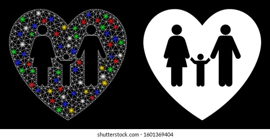 Flare mesh family love heart icon with glare effect. Abstract illuminated model of family love heart. Shiny wire carcass polygonal mesh family love heart icon.