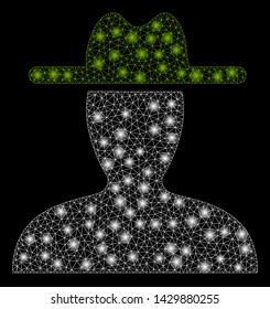 Flare mesh farmer with glare effect. Abstract illuminated model of farmer icon. Shiny wire carcass polygonal mesh farmer. Vector abstraction on a black background.
