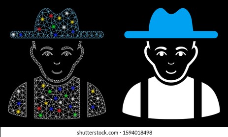 Flare mesh farmer guy icon with glitter effect. Abstract illuminated model of farmer guy. Shiny wire carcass polygonal mesh farmer guy icon. Vector abstraction on a black background.
