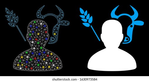 Flare mesh farmer icon with sparkle effect. Abstract illuminated model of farmer. Shiny wire frame polygonal mesh farmer icon. Vector abstraction on a black background.