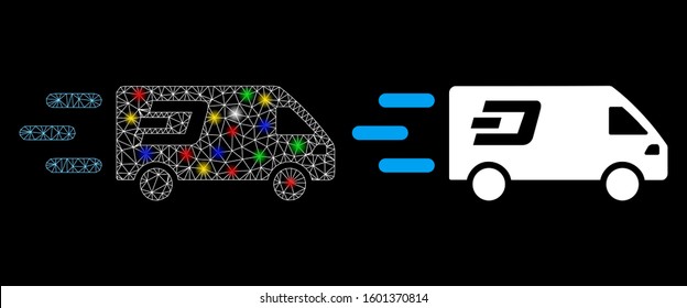 Flare mesh fast Dash delivery car icon with lightspot effect. Abstract illuminated model of fast Dash delivery car. Shiny wire carcass triangular mesh fast Dash delivery car icon.