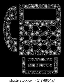 Flare mesh fax machine with glare effect. Abstract illuminated model of fax machine icon. Shiny wire carcass polygonal mesh fax machine. Vector abstraction on a black background.
