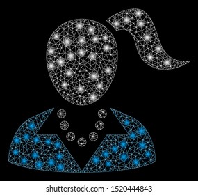 Flare mesh female with glitter effect. Abstract illuminated model of female icon. Shiny wire frame triangular network female. Vector abstraction on a black background.