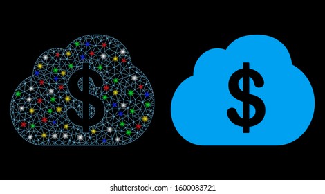 Flare mesh financial cloud icon with glare effect. Abstract illuminated model of financial cloud. Shiny wire frame polygonal mesh financial cloud icon. Vector abstraction on a black background.