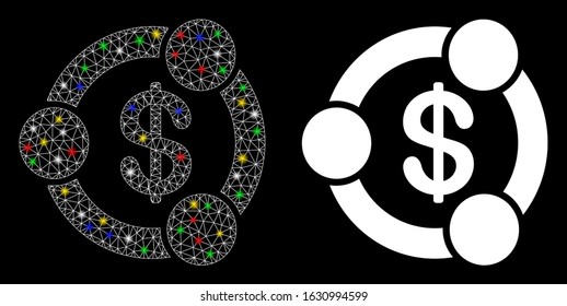 Flare mesh financial collaboration icon with sparkle effect. Abstract illuminated model of financial collaboration. Shiny wire carcass triangular mesh financial collaboration icon.