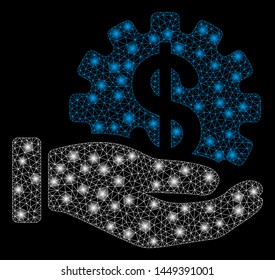 Flare mesh financial development gear hand with lightspot effect. Abstract illuminated model of financial development gear hand icon.