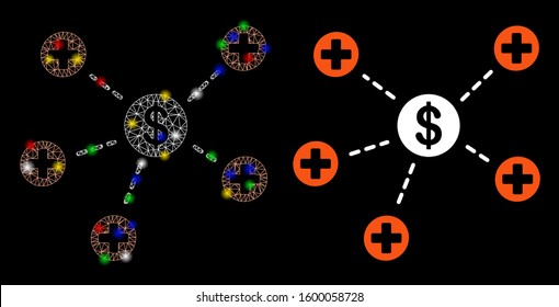 Flare mesh financial medical links icon with sparkle effect. Abstract illuminated model of financial medical links. Shiny wire frame polygonal mesh financial medical links icon.