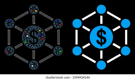 Flare mesh financial network icon with glare effect. Abstract illuminated model of financial network. Shiny wire frame polygonal mesh financial network icon. Vector abstraction on a black background.