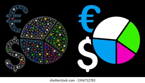 Flare mesh financial pie chart icon with lightspot effect. Abstract illuminated model of financial pie chart. Shiny wire frame triangular mesh financial pie chart icon.