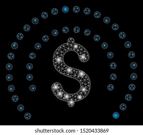 Flare mesh financial sphere shield with glare effect. Abstract illuminated model of financial sphere shield icon. Shiny wire frame polygonal mesh financial sphere shield.
