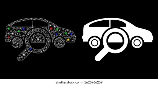 Flare mesh find car icon with glare effect. Abstract illuminated model of find car. Shiny wire carcass triangular mesh find car icon. Vector abstraction on a black background.
