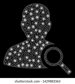 Flare mesh find user with glow effect. Abstract illuminated model of find user icon. Shiny wire frame triangular mesh find user. Vector abstraction on a black background.