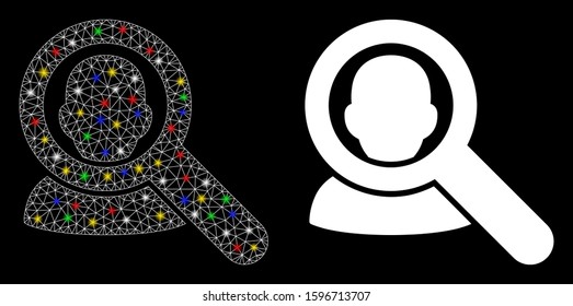 Flare mesh find user icon with sparkle effect. Abstract illuminated model of find user. Shiny wire frame polygonal mesh find user icon. Vector abstraction on a black background.