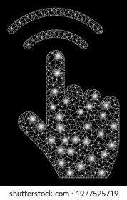 Flare mesh finger click with glare effect. Abstract illuminated model of finger click icon. Shiny wire frame triangular mesh finger click. Vector abstraction on a black background.