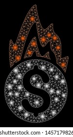 Flare mesh fire damage with glitter effect. Abstract illuminated model of fire damage icon. Shiny wire carcass triangular mesh fire damage. Vector abstraction on a black background.