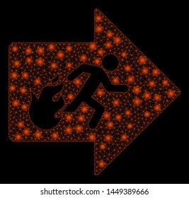 Flare mesh fire exit with glitter effect. Abstract illuminated model of fire exit icon. Shiny wire frame polygonal mesh fire exit. Vector abstraction on a black background.