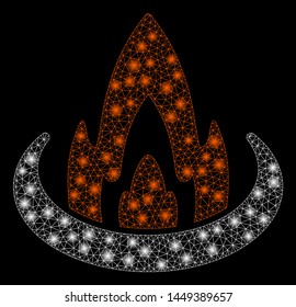 Flare mesh fire location with glare effect. Abstract illuminated model of fire location icon. Shiny wire frame triangular mesh fire location. Vector abstraction on a black background.