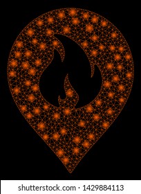 Flare mesh fire marker with glitter effect. Abstract illuminated model of fire marker icon. Shiny wire frame triangular mesh fire marker. Vector abstraction on a black background.