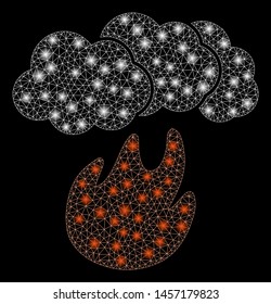 Flare mesh fire with smoke with glitter effect. Abstract illuminated model of fire with smoke icon. Shiny wire frame polygonal mesh fire with smoke. Vector abstraction on a black background.