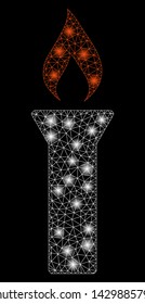 Flare mesh fire torch with glitter effect. Abstract illuminated model of fire torch icon. Shiny wire carcass triangular mesh fire torch. Vector abstraction on a black background.